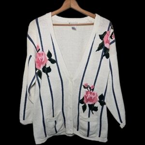 Women's Vintage 80s Rose Ramie Cardigan‎ Size M Sweater Cottagecore Grandmacore